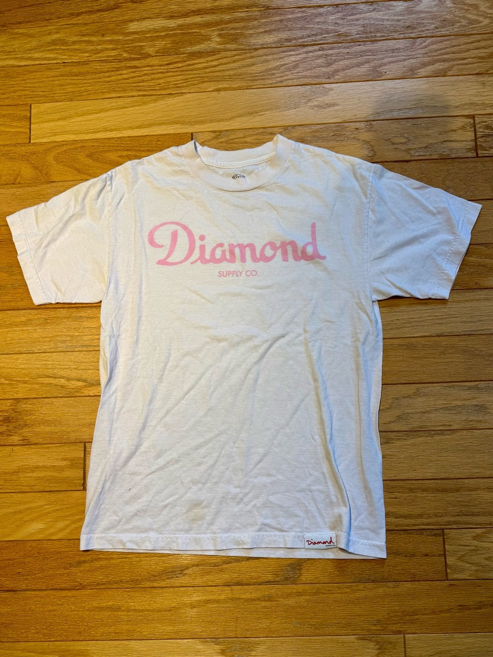 Diamond Supply Co. White Short Sleeve Tee with Pink Script Logo